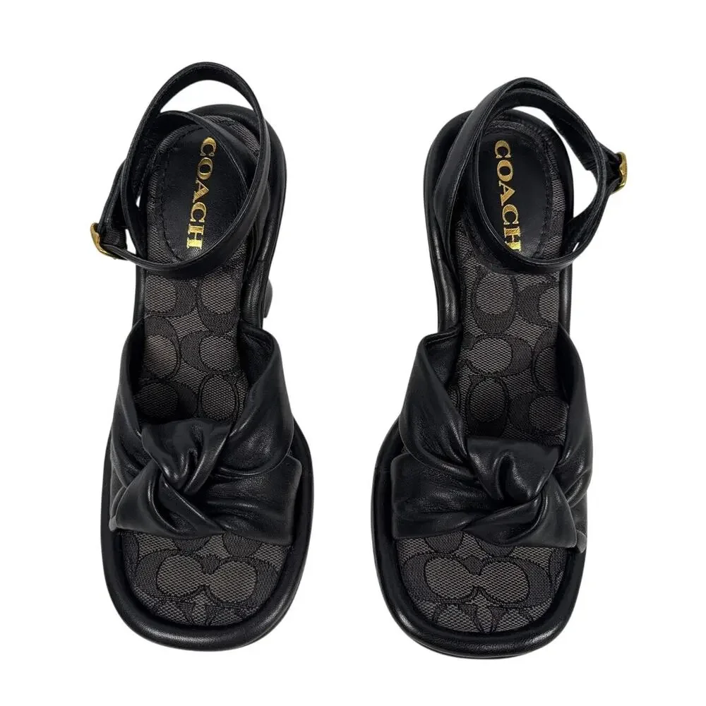 Coach Quincey Black Leather Heeled Sandals Womens 7 B Top Knot Comfort Jacquard - Picture 8 of 15